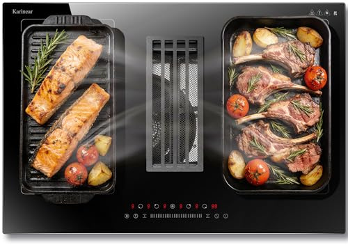 Karinear Plaque Induction 4 Feux avec Hotte Aspirante | Plaque Électrique Encastrable 77CM, Hotte Intégrée 135W, Double Zone Flexible, Boost, Verrouillage de Sécurité, 6400W, 220V