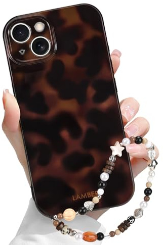 Newseego for iPhone 15 Case Cute Leopard Print, with Chain, Brown | for Girls Women, Aesthetic Amber Tortoise Shell Design, Slim Soft TPU, Shockproof Cover, Full Camera Protection
