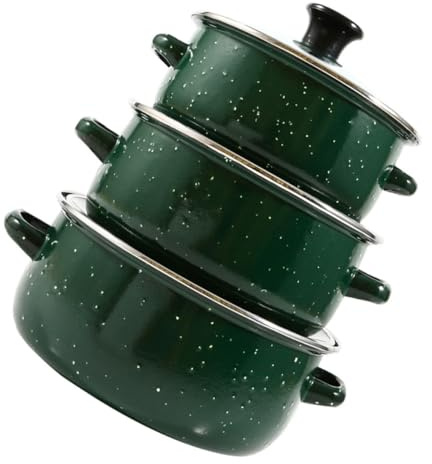 VICASKY Lot de 3 Marmites en Émail Vert avec Fond Plat, Mini-casseroles à Double Poignée pour Mijotés et Soupes, Batterie Cuisine Vintage Compatible Induction, Ustensiles Polyvalents