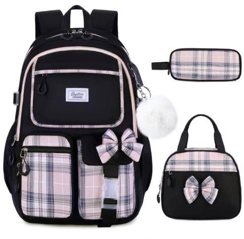 School Bags for Girls with Lunch Bag Set & Pencil Case, 3Pcs Kids Backpack | Bow Plaid Cute Rucksack for Primary Secondary School, Water-Resistant, 8-16 Teens Girls and Teenage, Black Pink