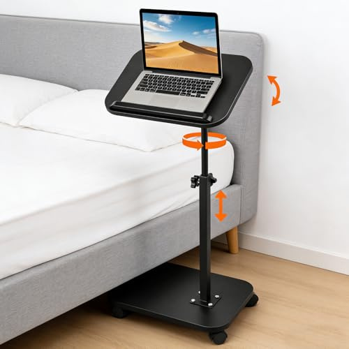 Side table with wheels Adjustable C-Shaped Laptop Desk Lamp Sofa Bedside Table Flip 180° + Rotate 360° Swivel Tray Mobile End table Rolling TV Bathtub Space-Saving for Living Room Bedroom Black