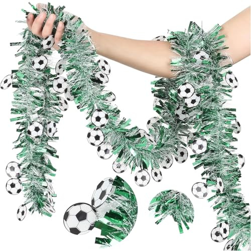Dermalyx Grün Silber 8 × 2m Lametta Girlande, Fusselfrei Wiederverwendbare Fußball Girlande 3D Fußballmotive, Spieltag Party Stadion WM 2026 Fußballparty Dekorationen