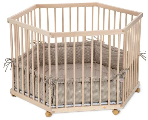 FabiMax Baby Laufgitter 6-eck, stufenlos höhenverstellbar, mit Schlupfsprossen, Laufstall aus massivem Buchenholz (Beige Punkte)