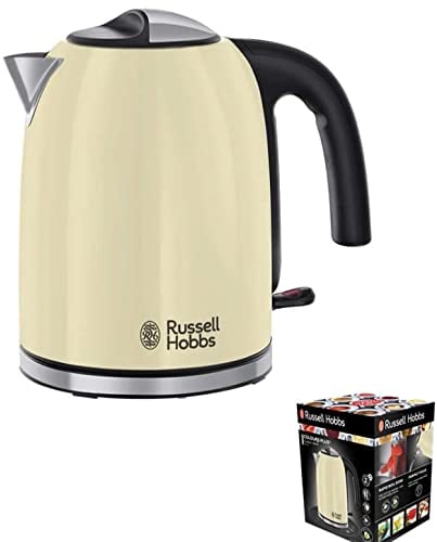 Russell Hobbs Hervidor de Agua Eléctrico Colours Plus - 1,7 litros, 2400 W, Filtro Extraíble, Zona de Ebullición Rápida, Base de 360°, Indicador del Nivel de Agua, Acero Inoxidable, Crema - 20415-70