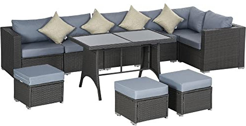 Outsunny 10 Pieces Outdoor PE Rattan Sofa Set with 10cm Thick Cushions, Garden Sectional Corner Sofa Set with Glass Top Dining Table and Three Footstools, Grey