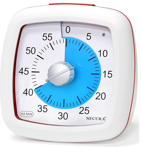 Secura Minuteur visuel de 60 minutes, minuteur d'étude silencieux pour enfants et adultes, horloges de temps, minuterie de gestion du temps pour l'enseignement (bleu et blanc)