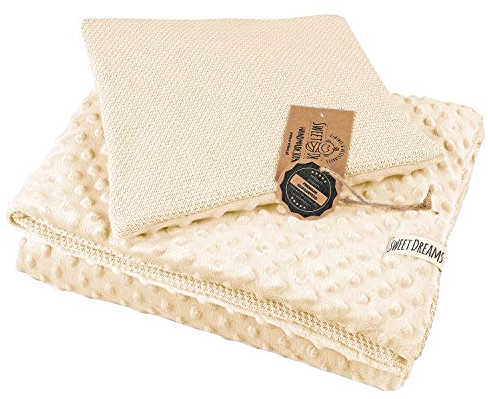 SweetDreams* Kinderdecke & Kissen Ultimativer Komfort für Zuhause & Reisen Weicher Stoff für warmes & kuschliges Schlafen Für Kinderwagen, Auto & Kindergarten (75x90) Baumwolle Minky(1002)(Beige)