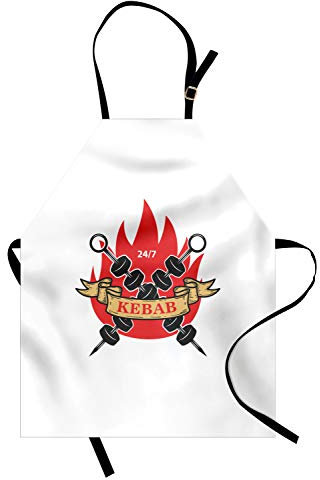 ABAKUHAUS Döner Kochschürze, Kebab Spiess Imbiss Heißhunger Türkische Küche, Wasser und Schmutz Abweichen mit Digitaldruck Technik, Feuer Rot Dunkelasche and Ecru
