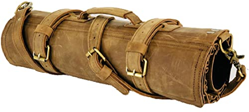 Rotolo di coltelli in pelle | Realizzato a mano con pelle pura | 16 coltelli in tutti – 6 piccoli, 6 medi e 4 grandi | Borsa per coltelli da viaggio, Marrone scuro, 18.9″ (48 cm) wide x 31.5″ (80 cm)