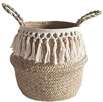 Urisgo Straw Woven Laundry Basket, Fish Basket, Picnic Basket, Toy Box, Foldable Seagrass Belly Basket, Storage Bag, Natural Flower Pot Straw Basket for Storage, Laundry