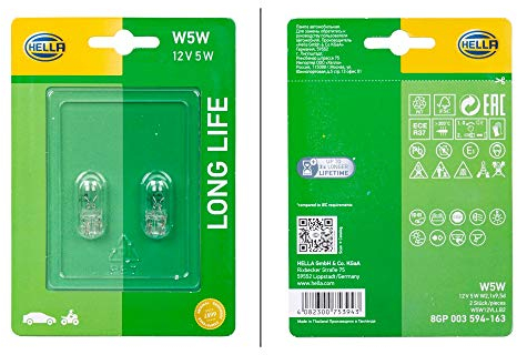 HELLA 8GP 003 594-163 Glühlampe - W5W - Long Life up to 3x longer lifetime - 12V - 5W - Sockelausführung: W2,1x9,5d - Blister - Menge: 2