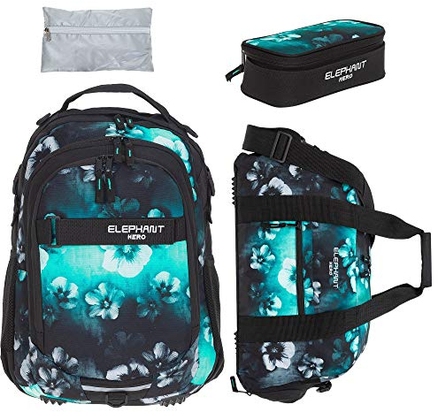 4 Teile Set Rucksack Jungen Schulrucksack Elephant Signature 12770 Cyber Camo Blau rsmr (Flower Schwarz-Türkis (Verlauf))