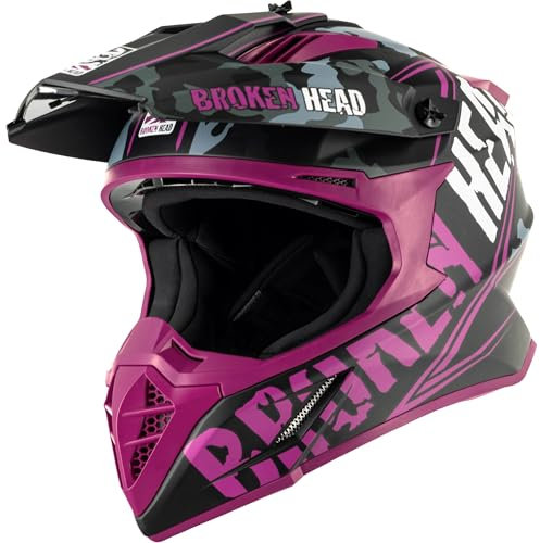 Broken Head Squadron Rebelution Camouflage Grau Pink - Leichter MX-Helm für Supermoto, Motocross & Quad mit DD- & Ratschenverschluss, für Motorradfahrer, Designed in Germany XS (53-54)