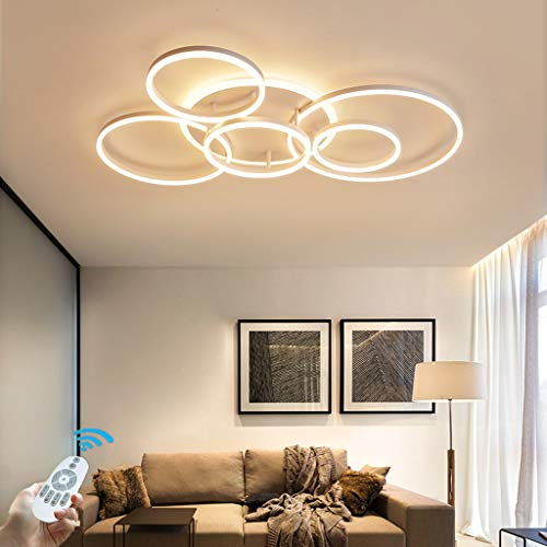 HYKISS LED-Deckenleuchte 86W Modern Dimmbar 6 Ringe Deckenlampe Metall-Acryl Runde Kronleuchter Wohnzimmer Küche Schlafzimmer Büro Kinderzimmer Lampe Beleuchtung,Mit Fernbedienung,Ø115CM,Weiß