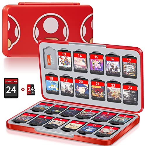 Switch Game Case Holder with 24 Cartridge Slots and 24 Micro SD Card Storage, Slim Portable Game Organizer Traveler Gift Accessories with Magnetic Closure, Protective Hard Shell and Soft Lining