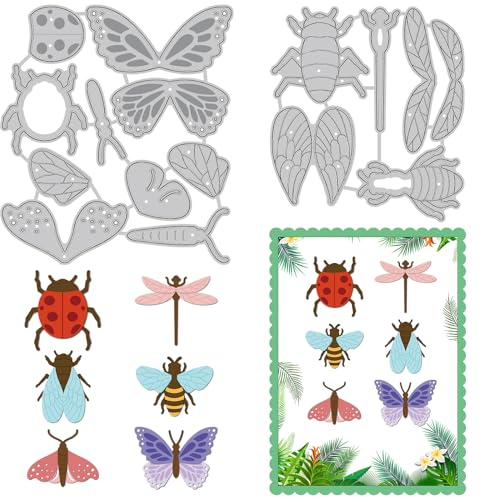 INFUNLY 6 Stück/Set Insekten Stanzschablonen-Set 3D Metall Schmetterling Stanzformen Libelle Stanzformen für Kartenherstellung Prägeschablonen Vorlage für DIY Handwerk Album Papier Karte Dekor
