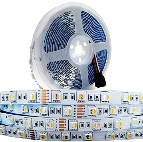 Tesfish 24V LED Streifen Licht, 4 in 1, RGBWW RGB + Warmweiß 3000K 5M Mischfarben Strip Lichtband SMD 5050 IP20 300 LEDs Band Lichtleiste Leiste für Schlafzimmer, Küche Dekoration