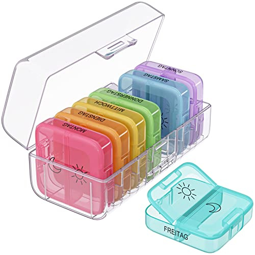 WELLGRO Tablettenbox 7 Tage 2 Fächer transparent – Pillenbox mit großen Fächern, entnehmbare Tagesboxen, Medikamenten Organizer für Reise & Zuhause
