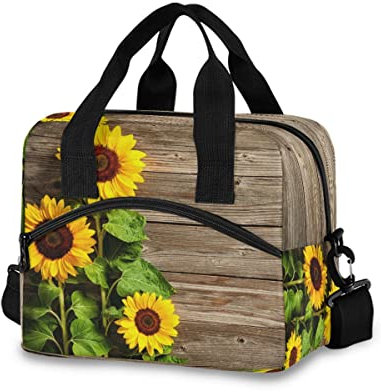 Herbst-Sonnenblumen auf Holz, isolierte Lunchtasche, tragbare Kühlbox, wiederverwendbare Tragetasche, Lunch-Tasche, Organizer für Büro, Arbeit, Schule, Picknick, Strand, Workout