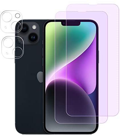 FiiMoo Schutzfolie Kompatibel mit iPhone 14, [Augenpflege] Blasenfreie, Anti Blaulicht Schutzfolie + Kamera Schutzfolie [2+2 Stück] [Blockiert übermäßiges Schädliches Blaues Licht & UV] Anti Blaulicht