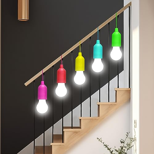 SIC Set of 5 Battery Operated LED Pull Cord Light Bulbs - Portable Hanging Night Lamps on a Rope for Weddings, Festivals, Outdoor Activities, Camping, Garden Parties, BBQs