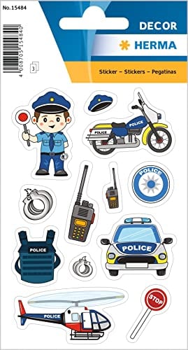 HERMA 15484 Aufkleber Polizei klein, 36 Stück, Berufe Sticker mit Polizist Polizeiauto Motiv, Kinder Etiketten für Fotoalbum Tagebuch Poesiealbum Scrapbooking Geburtstag Dekoration Briefe DIY Basteln