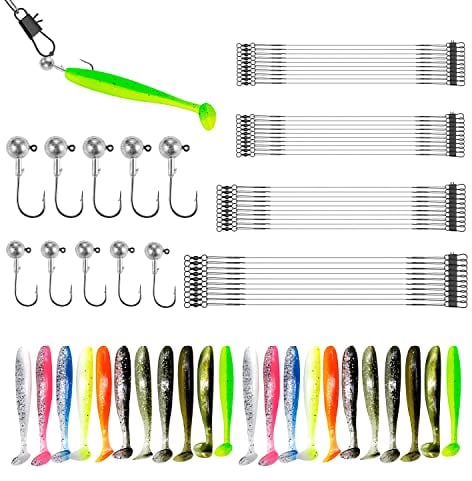 75pcs Angelzubehör, 40pcs stahlvorfach hecht, 4 Größen stahlvorfach mit Schnalle und Drehwelle, 22pcs gummifische, 10pcs Jigköpfe, Angelzubehör für Salzwasser und Süßwasserfische