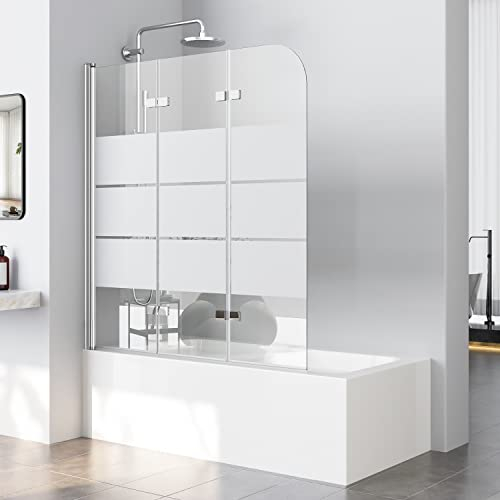 Badewanne Duschwand 120x140cm Duschwand für Badewanne Faltbar Gestreift 3-teilig Duschabtrennung 6mm ESG Glas