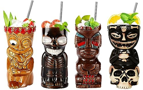 Morlinca Tiki-Becher 4er Cocktail-Set Keramik Tiki-Tassen Hawaii Tiki Party Kreative Cocktail Glas Bar Drinkware Premium Tropical Exotic,A1