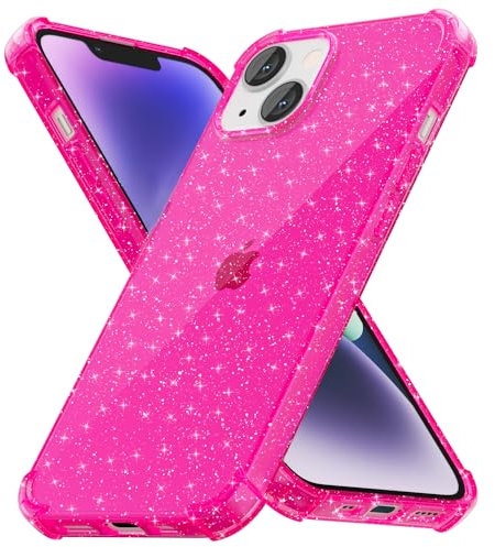 Svanove for iPhone 14 Plus Phone Case Clear Glitter, Cute Bling Sparkly Shiny Cover, Neon Transparent Fluorescent Bright Color, Thin Slim Soft Silicone Flexible TPU for Women Girl, Hot Pink