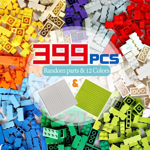 ekuzi Classic Building Bricks 399 Pieces High Bulk Building Blocks & 2 PCS of Base Plate, Building Blocks Box Set for Kids Age 3+