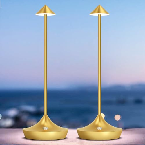 bravzurg Lampade da Tavolo Senza Fili Ricaricabili, 6000mAh Lampade da Comodino LED USB, Alluminio, Impermeabile, Dimmerabile, Wireless Luci Batteria per Scrivania Ristorante Esterno (2 Oro)