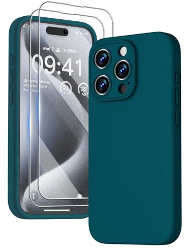 GOODVISH 3 in 1 Case for iPhone 15 Pro Case, [2X HD Screen Protector][Upgraded Camera Protection]Shockproof Liquid Silicone Soft Microfiber Lining Smooth Protective Phone Case Cover 6.1, Forest Green