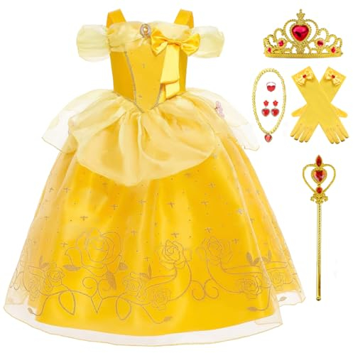 Zaisuifun Mädchen Belle Prinzessin Kostüm Dornröschen Kleid die Schöne und das Biest Kleider Kinder für Geburtstag Fasching Karneval Halloween, 116-122(Etikett 120)