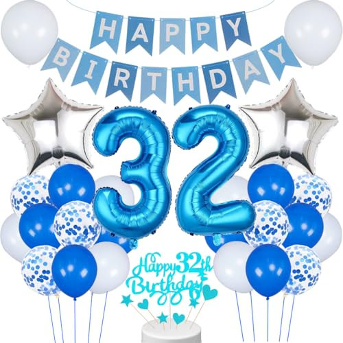 Conruich 32. Geburtstag Dekoration, Luftballon 32. Geburtstag Mann Deko, Blau Tortendeko Geburtstag 32 Jahre Mann, Folienballon 32 Geburtstag Mann Dekoration, Geburtstagsdeko 32 Jahre Männer Frauen