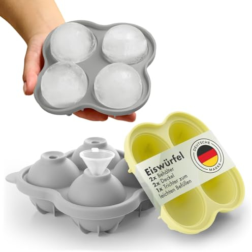 Blumtal Silikon Eiskugelform 2x4er XXL + Trichter & Deckel - Eiswürfel Rund Ø 5 cm - Runde Eiswürfelform 2x - BPA freie Silikonform Eiswürfel groß&rund - Ice Ball Maker - Ultimate Grey und Yellow