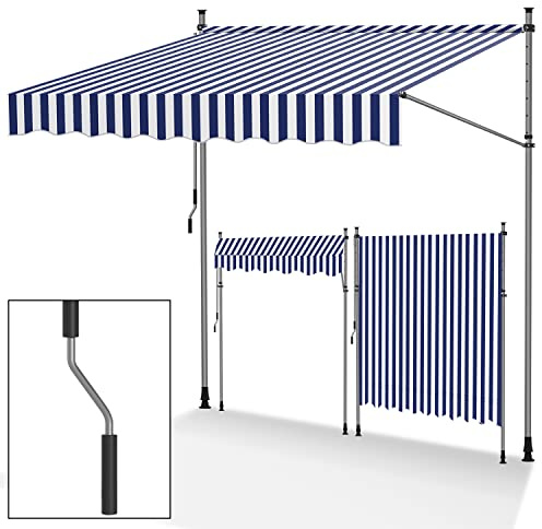 Tubiaz Klemmmarkise Balkon ohne Bohren, markise Balkon 350cm breit mit Handkurbel, Höhenverstellbare, UV-beständig und wasserdicht Klemmmarkise für Terrasse Balkon, Blau-Weiße