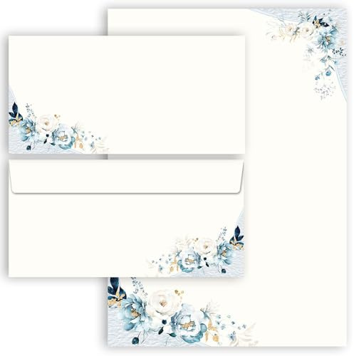 Briefpapier Set, 40 tlg. BLAUE BLUMEN, 20 Blatt Briefpapier + 20 passende Briefumschläge ohne Fenster, DIN A4 & DIN LANG im Set., Briefpapier mit Umschlag