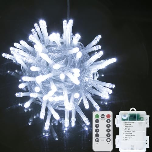 Guirlande lumineuse LED à piles sur câble transparent - Télécommande - Éclairage à piles - Pour Noël, arbre, jardin, mariage, vacances, fête (blanc, 200 LED)