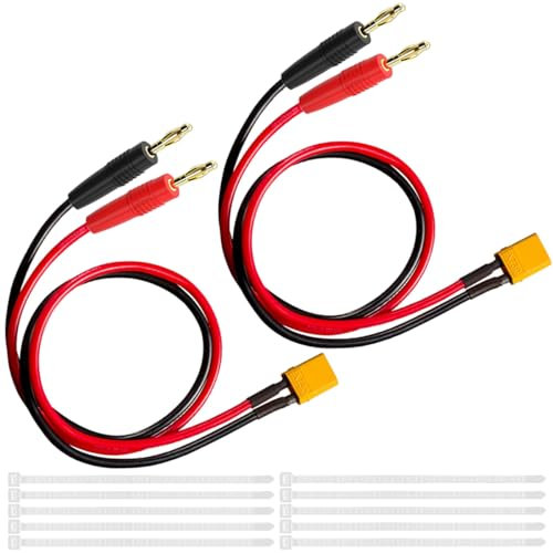 MKBKLLJY 2Pairs XT30 Male Connector to 4.0mm Banana Male Plug Lipo Battery Charge Lead Adapter with 16AWG 1FT/30.4cm Silicone Wire Cable Ties for RC Model Elicopter Toys FPV Drones Quadcopter Car