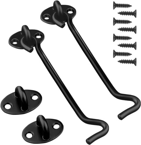 2 Pack Hook and Eye Latch Black 152mm(6) Cabin Hooks and Eye Metal Door Hook Latch Heavy Duty Cabinet Latches for Door Gate Window Closet Shed