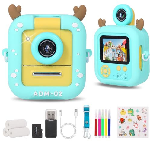 Appareil Photo Instantané Enfant, ZUEOKAI 2,4 Écran, 180° Objectif et 3 Papier Photo Imprimé, 32 GB Carte, Appareil Photo Numérique Enfant pour Silicone Étui, Cadeau Enfants Fille Garcon 3-12 Ans