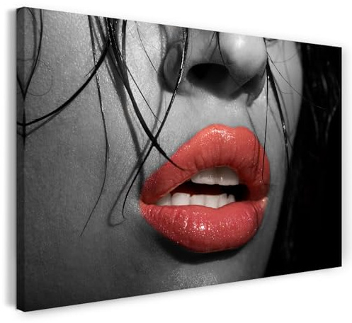 Printistico Leinwandbild (120x80cm) Frauengesicht mit roten Lippen - Erotik Fotografie, echter Holz-Keilrahmen inkl. Aufhänger, handgefertigt in Deutschland
