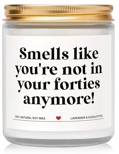 Gleevara 50th Birthday Gifts for Women Men Her Him, Funny 50 Birthday Gifts for People Turning 50 - Smells Like You're Not in Your Forties Anymore - Handmade Lavender Scented Happy Birthday Candle