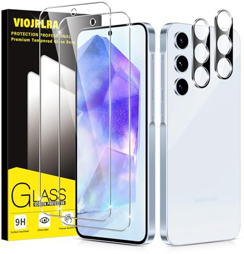 Viojrlra 2 Pièces Verre Trempé pour Samsung Galaxy A55 5G, avec 2 Pièces Film de Protection pour Appareil Photo, Verre Trempé Dureté 9H, 0.33 mm UHD, Anti-Rayures, Sans Bulles