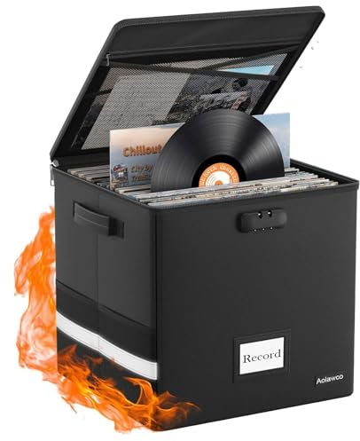 Aolawco 12 inch Vinyl Record Storage Box with Lock, Fireproof ＆ Waterproof Vinyl Storage Case, Collapsible Portable LP Storage Boxes Holds up to 100+ Single Records for Collect Valuable Albums, CD