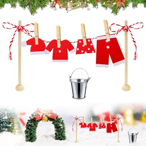 HWJPDMBD Wichtel Zubehör Weihnachten, Miniatur Wäscheständer Set - - inkl. Wäscheständer, Holz Kleidung und Klammern, Wäscheständer Miniatur Zubehör, wichtel Set, Wichteltür Zubehör Weihnachten