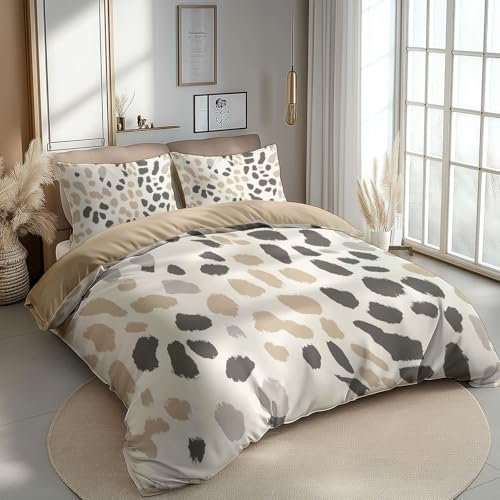 CozyRest Beiges Leopardenmuster Drucken Bettbezug Bettwäsche Set 3teilig 135 x 200 cm, Braun Bettwäsche-Set Kinder Deluxe Weiche Wende Bettbezug mit Reißverschluss und Kissenbezüge