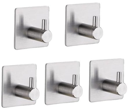 TECBULL® 5 massive Edelstahl Klebehaken - Gebürstet, Handtuchhaken fürs Bad selbstklebend, Handtuchhalter ohne Bohren, Hochwertige Handtuch Haken, Wandhaken, rostfrei, klassisches Design