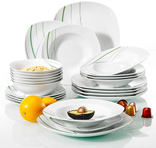 FYZLOIPU Juego de vajilla de cerámica de Porcelana Blanca Marfil de 24 Piezas con Plato Hondo, tazón, Plato Llano y Plato de Postre.